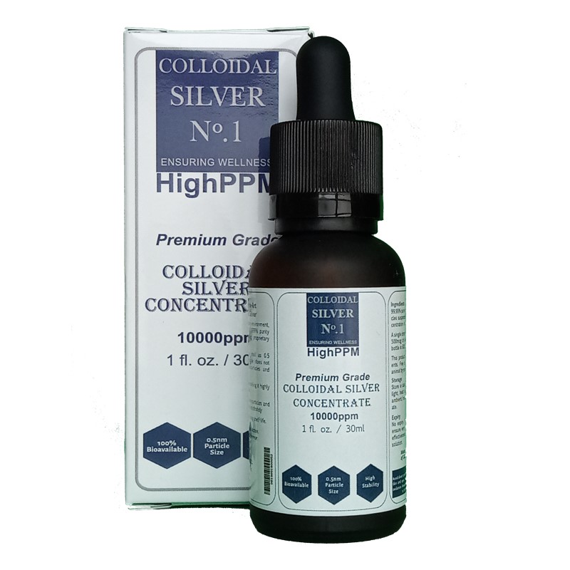 Colloidal Silver HighPPM 10000ppm Concentrate Solution bottle with box